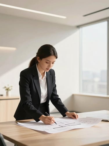 Professional real estate advisor analyzing architectural plans in a bright, modern Noida office, minimalist aesthetic, warm desaturated tones