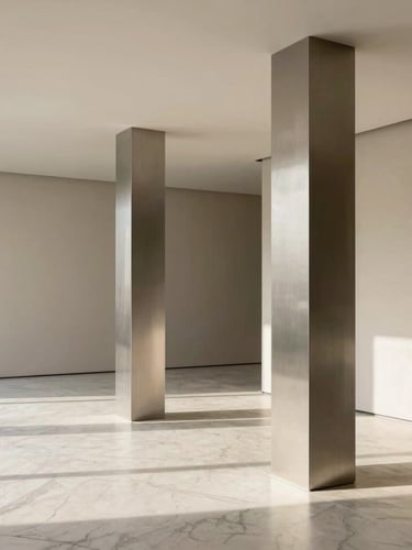 Refined minimalist interior with natural light casting soft shadows on marble floors and steel columns, premium architectural photography