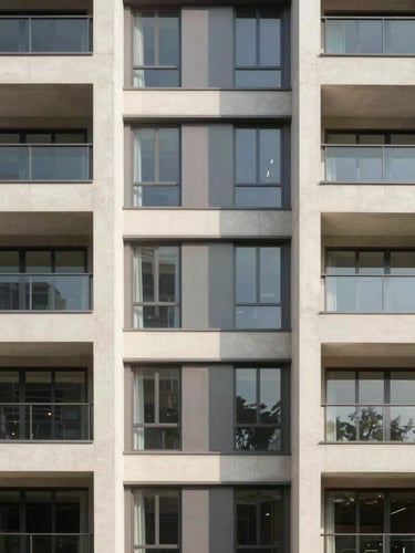 Symmetric architectural close-up of a premium modern development in Noida, clean concrete and glass facade, bright natural daylight, 35mm lens