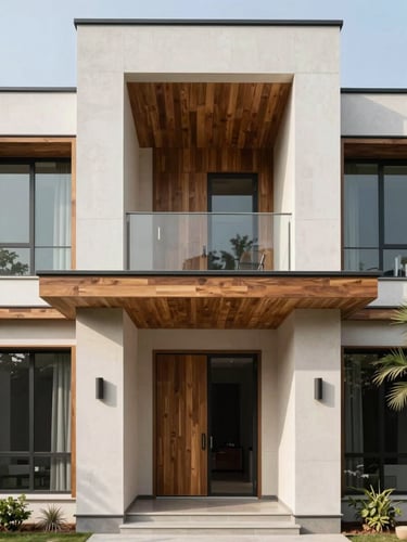 Symmetric architectural composition of a modern luxury villa facade in Noida, bright natural daylight, clean lines, concrete and warm timber details, 35mm lens