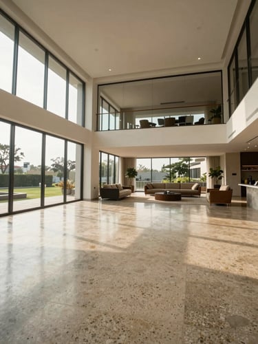 Wide interior of a high-ceiling executive residence in Accra, shot from the far corner of an open-plan living area — polished terrazzo floor extending to floor-to-ceiling glazing, afternoon natural light streaming in from the left, sparse premium furnishings receding into depth, no people, documentary framing emphasising scale and material quality