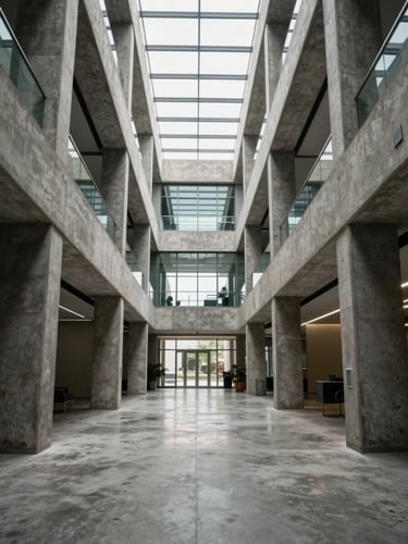 Wide portrait frame, interior of a high-finish Accra office complex corridor — polished concrete floor receding to a glazed atrium, structural columns in raw concrete flanking the frame, natural daylight flooding from above, no people, shot from low angle emphasising ceiling height and material quality