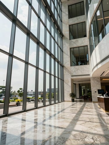 Wide environmental shot looking into a finished high-rise office lobby in Accra, natural daylight flooding through floor-to-ceiling glass, polished marble floors receding into depth, sparingly furnished — no people, emphasising scale and premium finishes