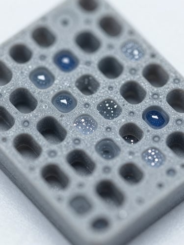 Extreme macro clinical laboratory photography, high-magnification electron microscope scan of structured nanomaterial lattice, cool white lighting, metallic gray tones.