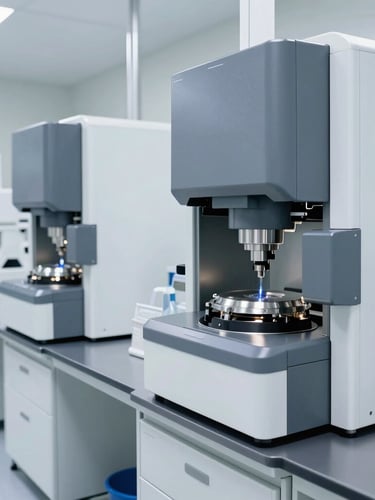 Wide-angle clinical laboratory environment in Pleasant Grove, showing sterile cleanroom apparatus, automated synthesis chambers, and precise gray and white metallic surfaces.