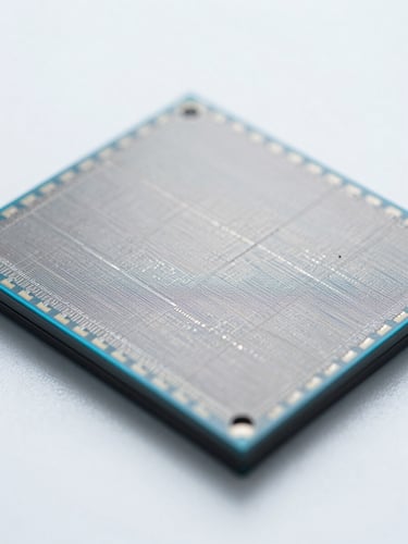 Extreme macro photography of a silicon wafer micro-structure, crisp clinical white lighting, subtle metallic reflections, high-magnification electron microscope aesthetic.