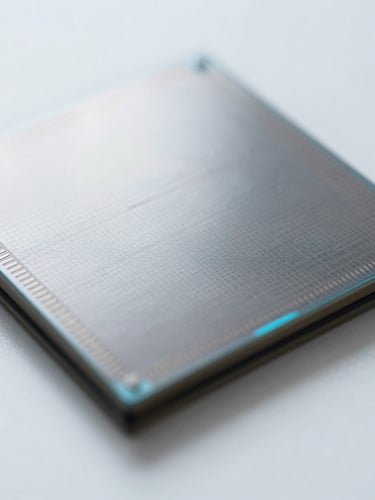 Extreme macro close-up of a silicon wafer under cool clinical white laboratory lighting with subtle metallic reflections and crystal tech blue highlights.