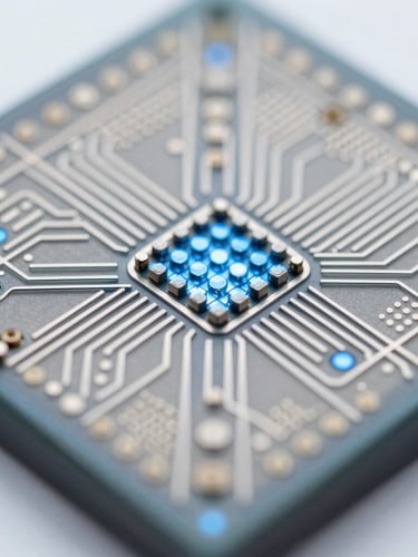 Extreme macro photography of a silicon micro-sensor array under cool white laboratory lighting, showing precise metallic pathways and crystal blue reflections, clinical depth of field.
