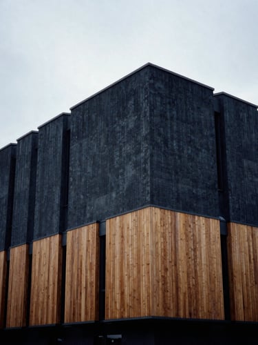 Monolithic modern concrete and timber building facade against a moody overcast sky, high contrast, sharp architectural lines, 35mm film grain