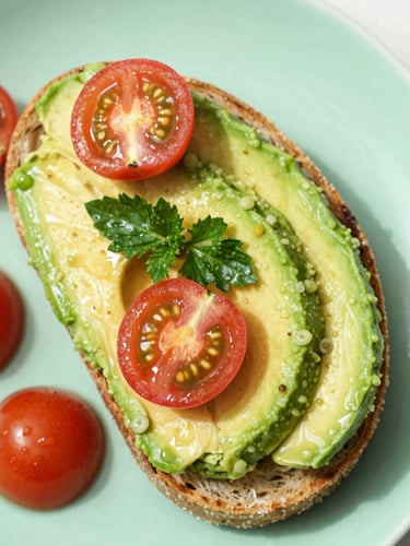 Overhead flat-lay of a vibrant avocado toast with cherry tomatoes and fresh herbs on a mint green plate, bright natural daylight, wet texture, macro lens