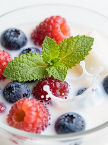 Close-up of a colorful fruit bowl with fresh berries, mint leaves, and a splash of coconut water, high-key natural light, vibrant coral accents, fresh and appetizing