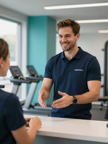 A cheerful local gym owner greeting a client at the front desk, bright natural ambient lighting, professional and clean environment.