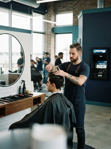 Bright natural daylight interior of a modern Ocean County barbershop, a professional barber styling a customer's hair, clean mirrors and teal accents, ATM integrated naturally into the corner background, 35mm lens.