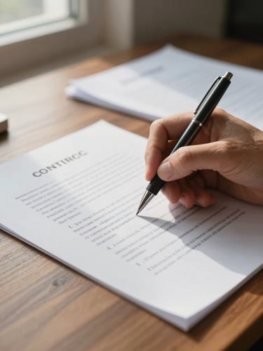 Close-up of a hand holding a pen over a printed contract on a wooden desk, annotating a clause in the margin, natural morning light from a window to the left, documents slightly out of focus in the background