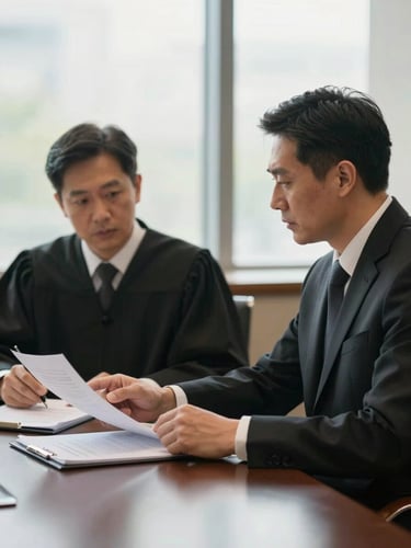 Medium environmental shot of two lawyers in side view seated at a conference table, documents between them, one pointing to a clause, morning light from a window, calm and focused atmosphere, no eye contact with camera