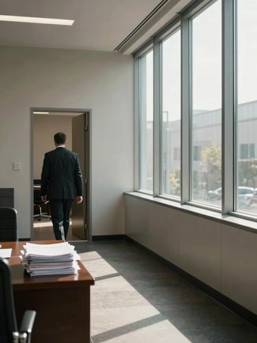 Wide environmental shot of a quiet law office corridor, morning light filtering through tall windows on the right, a lawyer in dark suit partially visible walking toward a conference room door, documents stacked neatly on a side table in the foreground, calm and ordered atmosphere
