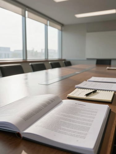 Wide environmental shot of a quiet conference room, morning light streaming through tall windows onto a long table covered with open legal briefs and a notepad with handwritten notes, no people visible, clean and ordered, documentary style