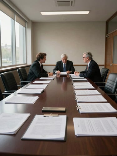 Wide shot of a quiet conference room, legal documents spread across a long dark table, morning light entering through tall windows to the left, two lawyers in discussion at the far end, side view, no eye contact with camera, calm and ordered atmosphere