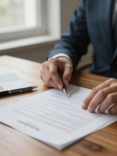 Close-up of lawyer's hands reviewing printed employment contract pages on a wooden desk, natural morning light from a window to the left, pen resting nearby, selective focus on the document text, calm and deliberate atmosphere