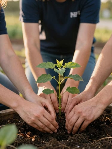Candid environmental photo of volunteers building a community garden, warm golden-hour light, rich navy and gold undertones, focused on hands planting a sapling, 35mm film look.