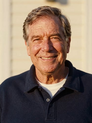 A warm environmental portrait of Al Horton, a distinguished gentleman with a kind smile, captured in natural golden-hour daylight, soft background, 35mm film look.