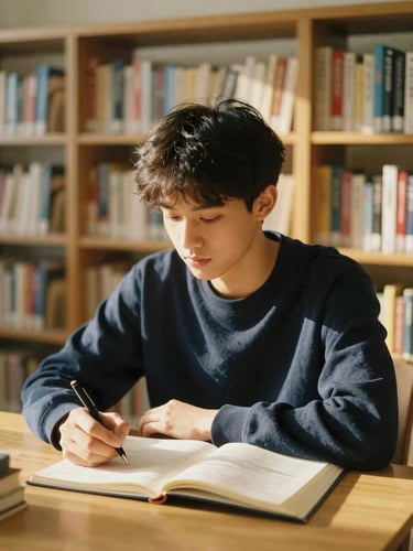 Warm environmental portrait of a young adult student studying in a sunlit library, soft golden-hour daylight, shallow depth of field, 35mm film look
