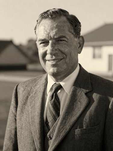 A warm black-and-white archival portrait of Al Horton, smiling gently in a vintage suit, soft natural light, shallow depth of field, 35mm film grain.