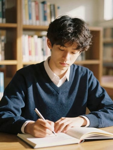A warm editorial photograph of a young adult scholarship recipient studying in a sunlit university library, shallow depth of field, 35mm film look.