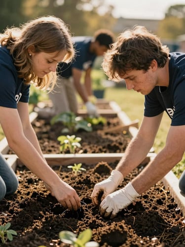 A warm, natural light photograph of volunteers planting a community garden, rich navy and gold undertones, shallow depth of field, authentic candid action.