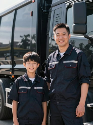Medium portrait of a smiling father and son in clean dark work uniforms standing beside a glossy black hauling truck in bright daylight