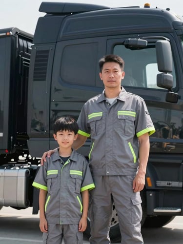 A crisp 35mm editorial portrait of a father and son standing proudly in front of their modern black hauling truck, wearing matching grey uniforms with neon green accents, bright natural daylight, high-contrast clean tones.