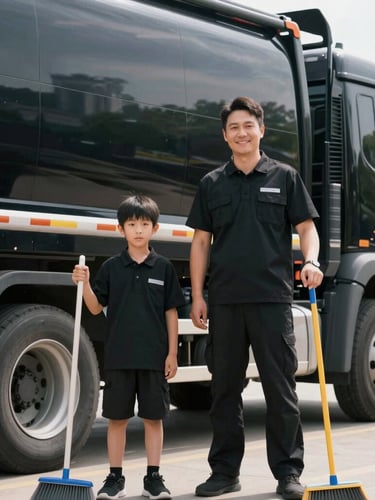 Medium portrait of a smiling father and son in clean black branded uniforms standing next to a spotless black hauling truck, holding brooms, bright natural daylight