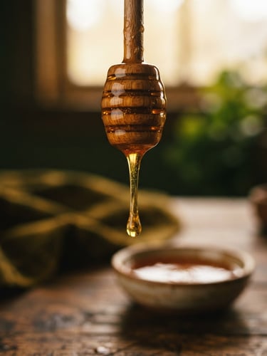 Macro close-up of pure organic Sidr honey dripping slowly from a wooden dipper, warm golden window light, shallow depth of field, 35mm