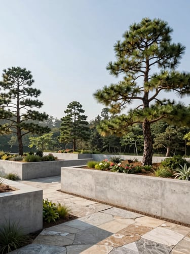 Architectural landscape design with clean concrete retaining walls, mature specimen pine trees, and stone pathways in crisp morning light, wide-angle editorial photography