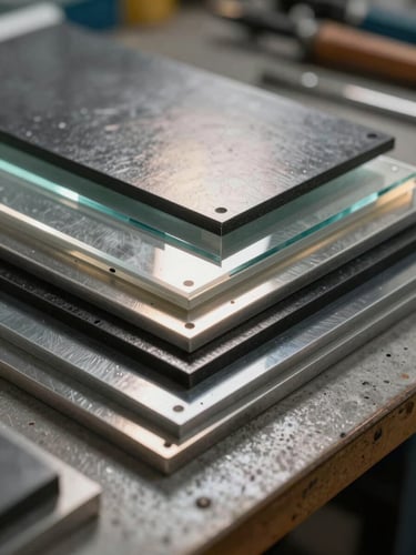Stacked sample sheets of metal and acrylic on a workshop bench — stainless, galvanil, black iron, clear and colored acrylic — lit by tungsten overhead light, close-up showing material surface texture and cut edges