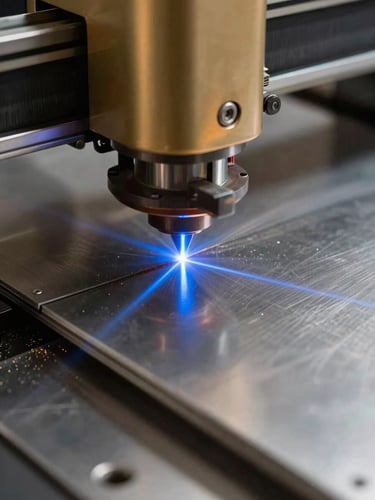 Extreme close-up framing, laser cutter mid-cut on a sheet of polished stainless steel, electric blue laser beam visible at the cut line, tungsten workshop light overhead, fine metal dust catching the light, sharp freshly cut edge in foreground