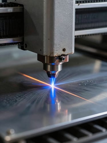 Extreme close-up of a laser cutter head slicing through a galvanil sheet, electric blue beam and glowing molten edge visible, tungsten workshop light, freshly cut metal edge sharp and clean, dark industrial background