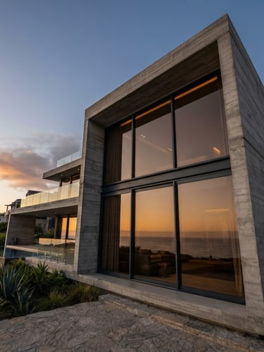 Low-angle architectural photograph of a luxury concrete villa at golden hour, featuring massive floor-to-ceiling glass sliding doors reflecting warm sunset light, sharp metallic profile lines, crisp focus