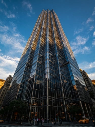Low-angle heroic shot of a towering glass skyscraper facade at golden hour, reflecting deep blue and warm gold light, sharp focus
