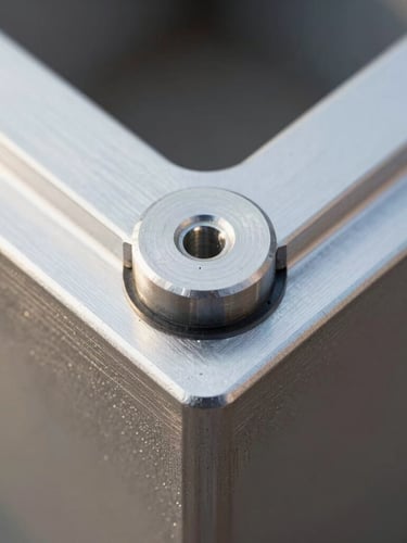 Macro close-up photograph of a precision-engineered aluminium corner joint and gasket system, clean bright high-contrast daylight, technical architectural detail.