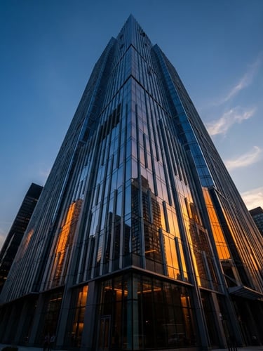 Low-angle heroic architectural photograph of a modern high-rise tower facade with structural glazing reflecting dramatic golden-hour light, sharp focus, cool metallic tones.