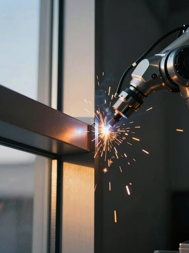 Macro close-up of a robotic welding arm fusing a dark metallic window corner joint, sparks flying, high-contrast cool metallic tones, sharp focus architectural photography