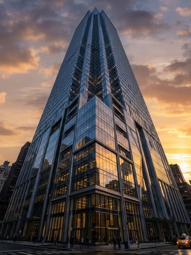 Low-angle heroic shot of a completed high-rise commercial facade with dramatic golden-hour reflections on glass surfaces, cool metallic tones, sharp focus.