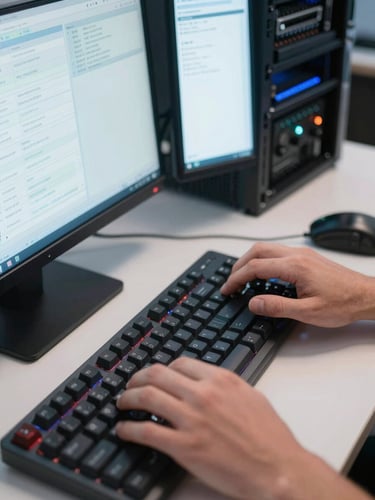 Close-up overhead view of a developer's hands on a mechanical keyboard, multiple terminal windows open on dual monitors, cool blue-white studio lighting, server rack visible in background, sharp technical detail