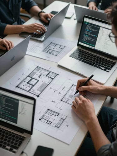 Overhead view of a team workspace, architecture diagram spread across a large table, laptops open to system integration schematics, cool daylight-balanced lighting, focus on the diagrams not the people