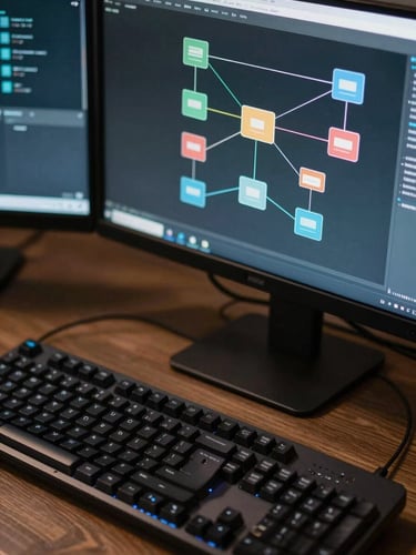 Close-up overhead of a keyboard and dual monitors displaying a system architecture diagram with node connections, cool studio strobe lighting, no faces visible, sharp technical detail