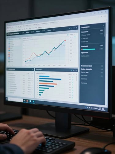 Close-up of a wide monitor displaying a live enterprise dashboard mid-analysis, data tables and trend charts visible on screen, cool blue-tinted studio lighting, hands resting at keyboard edge in foreground, dark workspace context