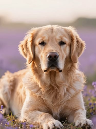 Warm editorial portrait of a peaceful golden retriever resting in a sunlit meadow during golden hour, soft focus, ethereal light, lavender tones.