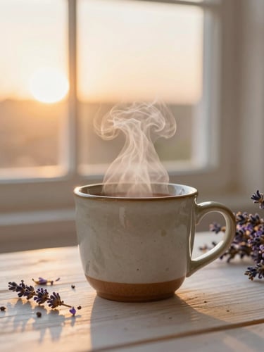 Primer plano de una taza de gres rústico humeante con cacao sagrado, pétalos de lavanda esparcidos sobre una mesa de madera clara, luz suave de atardecer filtrándose por la ventana, atmósfera de paz y recogimiento, fotografía editorial cálida.
