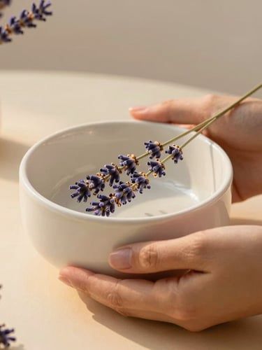 Close-up of hands gently holding a small ceramic pet bowl and dried lavender stems, soft warm lighting, editorial composition
